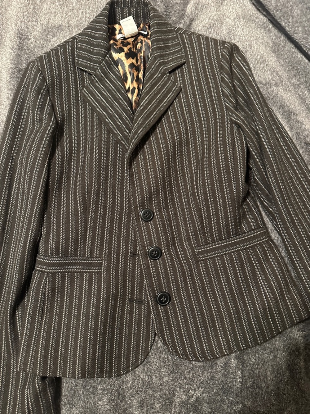 CAbi Brown Pinstripe Blazer with Leopard Lining